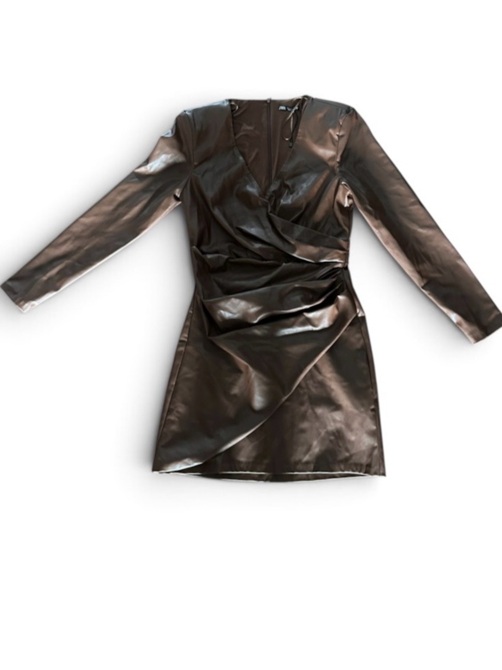 Faux Leather Long-Sleeve Ruched Mini Dress
